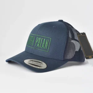 Navy trucker cap side view